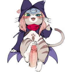 Rule 34 | 1girl, absurdres, animal feet, animal nose, arm at side, bandana, barefoot, blue eyes, blush, body fur, brown fur, cape, cat girl, cat tail, colored sclera, cum, cum on body, cum on feet, disembodied penis, ejaculation, erection, fangs, feet, flat chest, footjob, full body, furry, furry female, grey headband, hand up, happy, headband, heart, highres, hood, hood up, invisible chair, long sleeves, looking at penis, looking down, medium hair, monster hunter (series), monster hunter stories 2, multicolored fur, open mouth, pawpads, penis, pink hair, purple cape, purple shrug, red bandana, red leopard, shrug (clothing), sidelocks, simple background, sitting, smile, solo focus, straight-on, striped fur, tail, thick thighs, thighs, tsukino (monster hunter), uneven eyes, veins, veiny penis, whiskers, white background, white fur, yellow sclera