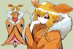 1girl :t arthropod_girl black_eyes blonde_hair blush braided_sidelock fur-trimmed_kimono fur_trim green_background hair_between_eyes head_rest highres insect_girl japanese_clothes jitaku_(tudahayaka-ozisan) kimono looking_at_viewer moth_antennae moth_girl multiple_views obi orange_kimono original personification puff_of_air red_sash sash short_hair_with_long_locks simple_background