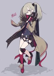 Rule 34 | 1girl, absurdres, belt, black belt, black gloves, black scarf, blue leotard, brown coat, buckle, buttons, character name, closed mouth, coat, commentary, cross, cross moline, double-breasted, full body, fur-trimmed coat, fur trim, general-purpose machine gun, girls&#039; frontline, glasses, gloves, grey background, gun, gun sling, h&amp;k hk21, hair behind ear, hair behind eyewear, hair ornament, hair over one eye, hand on own arm, head tilt, highres, hk21 (girls&#039; frontline), knee pads, kneehighs, leg up, leotard, long bangs, long sleeves, looking at viewer, machine gun, medium hair, multicolored clothes, multicolored scarf, no pants, one eye covered, open clothes, open coat, pale skin, papaia (quentingqoo), pink eyes, polka dot, pouch, red footwear, red ribbon, red scarf, red socks, red trim, ribbon, rimless eyewear, round eyewear, scarf, simple background, single knee pad, single sock, single stripe, sleeves past fingers, sleeves past wrists, smile, snap-fit buckle, socks, solo, striped, thigh pouch, thigh strap, triangle hair ornament, twintails, unbuttoned, weapon, weapon name, weapon on back
