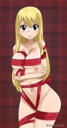 Rule 34 | 1girl, blonde hair, blush, breasts, brown eyes, fairy tail, full body, gaston18, gift wrapping, highres, large breasts, long hair, lucy heartfilia, navel