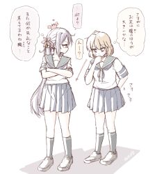 Rule 34 | 2girls, ahoge, akebono (kancolle), arrow (symbol), bandaid, bandaid on face, bell, black socks, blue sailor collar, blue skirt, brown eyes, brown footwear, commentary request, crab on head, crossed arms, flower, full body, hair bell, hair flower, hair ornament, highres, jingle bell, kantai collection, leaning forward, light brown hair, loafers, long hair, multiple girls, oboro (kancolle), pleated skirt, purple eyes, purple hair, sailor collar, school uniform, serafuku, shirt, shoes, side ponytail, skirt, socks, standing, tatahai, translation request, very long hair, white shirt