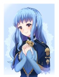 Rule 34 | 1girl, alternate hairstyle, blue capelet, blue dress, blue hair, blush, braid, breasts, brown eyes, capelet, closed mouth, commentary, crown braid, dress, english commentary, epaulettes, fire emblem, fire emblem: three houses, highres, lilshironeko, lips, long hair, long sleeves, looking at viewer, marianne von edmund, nintendo, own hands together, simple background, smile, solo