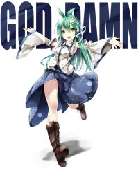 Rule 34 | 1girl, bare legs, boots, brown footwear, cross-laced footwear, english text, female focus, frog hair ornament, gorilla (bun0615), green hair, hair ornament, highres, kochiya sanae, lace-up boots, outstretched arms, running, smile, solo, touhou, white background
