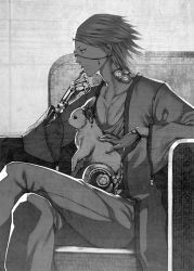Rule 34 | 1boy, amputee, crossed legs, eyepatch, gloves, greyscale, kimura daisuke, long sleeves, male focus, mechanical arms, monochrome, profile, prosthesis, rabbit, scar, single glove, single mechanical arm, sitting, solo, steampunk