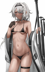 Rule 34 | 1girl, anti-materiel rifle, bare shoulders, bikini, black bikini, black gloves, black hairband, blush, bolt action, breasts, chinese commentary, cleavage, closed mouth, commentary request, cowboy shot, dark-skinned female, dark skin, girls&#039; frontline, gloves, grey eyes, grey hair, gun, hair intakes, hair ornament, hairband, hairclip, highres, hs.50 (girls&#039; frontline), long hair, looking at viewer, mixed-language commentary, navel, off shoulder, one eye covered, rifle, selcky, side-tie bikini bottom, simple background, single glove, small breasts, sniper rifle, solo, steyr hs .50, swimsuit, thigh strap, thighs, underboob, weapon, white background