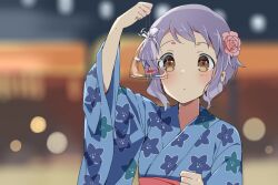Rule 34 | 1girl, bag, bagged fish, blue kimono, blurry, blurry background, blush, clenched hand, commentary request, dot nose, expressionless, fish, floral print, flower, hair flower, hair ornament, hand up, idolmaster, idolmaster million live!, japanese clothes, kimono, long sleeves, looking at another, makabe mizuki, mochigome (ununquadium), night, outdoors, print kimono, purple hair, red sash, sash, short hair, sidelocks, summer festival, upper body, wavy hair, yellow eyes, yukata