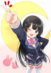 Rule 34 | 1girl, black hair, blazer, blue eyes, blue skirt, bow, bowtie, breasts, collared shirt, commentary request, cowboy shot, crescent, frilled skirt, frills, hair ornament, hairclip, hand on own hip, highres, index finger raised, jacket, long hair, long sleeves, looking at viewer, medium breasts, nifu, nijisanji, notice lines, one eye closed, open mouth, pink bow, pink bowtie, plaid, plaid skirt, pleated skirt, pointing, pointing up, school uniform, shirt, skirt, smile, solo, standing, thighhighs, tsukino mito, tsukino mito (1st costume), very long hair, virtual youtuber, white shirt, white thighhighs, yellow shirt, zettai ryouiki