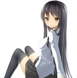 Rule 34 | 1girl, arm support, black hair, black skirt, black thighhighs, blouse, blush, breasts, brown eyes, bukkira (roy028june), from side, long hair, long sleeves, looking at viewer, magunasu, original, pleated skirt, school uniform, shiny clothes, shirt, simple background, sitting, skirt, smile, solo, thighhighs, very long hair, white background, white shirt, zettai ryouiki