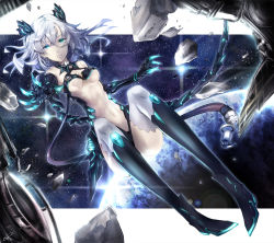 Rule 34 | 1girl, bad id, bad pixiv id, black thighhighs, blue eyes, bodysuit, boots, breasts, center opening, claws, debris, earth (planet), full body, glowing, grey hair, halterneck, highres, knee boots, legs up, leotard, looking at viewer, lying, midriff, navel, on back, original, planet, pokimari, skinny, stomach, thighhighs, underboob, white thighhighs