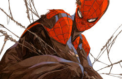 Rule 34 | 1boy, bodysuit, chun lo, from side, head tilt, looking at viewer, male focus, marvel, silk, solo, spider-man, spider-man (series), spider web, squatting, superhero costume, torn bodysuit, torn clothes, white background