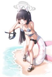 Rule 34 | 1girl, ahoge, alternate costume, animal ear headphones, animal ears, beach, belt, bikini, black hair, blue archive, breasts, cleavage, collarbone, commentary request, fake animal ears, full body, goggles, halo, headband, headphones, highres, hime cut, innertube, medium breasts, miyu (blue archive), open mouth, red eyes, short hair, slippers, small breasts, solo, standing, swim ring, swimsuit, thigh belt, thigh strap, water, white background, yo na