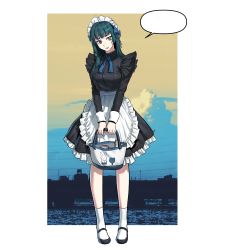 Rule 34 | 1girl, absurdres, apron, bag, blank speech bubble, blue eyes, blue hair, bow, breasts, bymjim, dress, frilled apron, frilled dress, frills, full body, highres, holding, holding bag, large breasts, long hair, long sleeves, looking at viewer, maid, maid apron, maid headdress, open mouth, original, puffy sleeves, ribbon, shoes, smile, socks, solo, speech bubble, standing, victorian maid, waist apron, white socks
