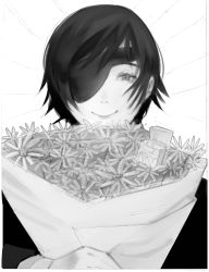 Rule 34 | 1girl, absurdres, black hair, black jacket, bouquet, chainsaw man, cigarette pack, eyepatch, flower, formal, greyscale, highres, himeno (chainsaw man), holding, holding bouquet, jacket, looking at viewer, monochrome, short hair, simple background, smile, solo, suit, white background, xyanaid