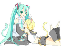 Rule 34 | 2girls, animal ears, aqua hair, belt, cat ears, cat tail, closed eyes, detached sleeves, green eyes, hair ornament, hairclip, hatsune miku, kagamine rin, long hair, lying, midriff, multiple girls, necktie, nukochan, open mouth, simple background, sitting, skirt, smile, tail, thighhighs, twintails, very long hair, vocaloid