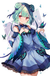 Rule 34 | 1girl, :o, abusoru, animal, bare shoulders, black bow, blue dress, blue sleeves, blush, bow, breasts, bug, butterfly, commentary request, detached sleeves, double bun, dress, earrings, frilled dress, frills, green hair, hair between eyes, hair bow, hair bun, hair ornament, highres, hololive, insect, jewelry, long sleeves, looking at viewer, parted lips, red eyes, skull earrings, skull hair ornament, sleeveless, sleeveless dress, small breasts, solo, uruha rushia, uruha rushia (1st costume), virtual youtuber, white background, wide sleeves