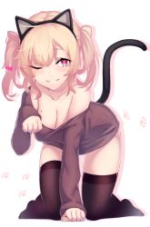 Rule 34 | 1girl, all fours, animal ears, bare shoulders, black hairband, black sweater, black thighhighs, blonde hair, blush, breasts, cat ears, cat tail, cleavage, collarbone, dev (dev0614), dress, fake animal ears, foreshortening, full body, grin, hairband, hanging breasts, highres, long sleeves, looking at viewer, medium breasts, medium hair, mole, mole on breast, no shoes, off-shoulder, off-shoulder sweater, off shoulder, one eye closed, original, paw pose, paw print, paw print background, red eyes, sleeves past wrists, smile, solo, sweater, sweater dress, tail, tareme, thighhighs, twintails, white background, zettai ryouiki