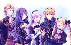 Rule 34 | 2boys, 3girls, armor, bad id, bad pixiv id, blonde hair, brother and sister, brothers, camilla (fire emblem), closed eyes, corrin (female) (fire emblem), corrin (fire emblem), elise (fire emblem), fire emblem, fire emblem fates, gradient background, hair ribbon, hairband, leo (fire emblem), long hair, multiple boys, multiple girls, nintendo, nyowaa417, purple hair, red eyes, ribbon, siblings, sisters, twintails, xander (fire emblem)