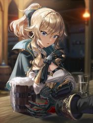 Rule 34 | 1boy, 1girl, barrel, beer mug, blonde hair, blue capelet, blue eyes, blurry, blurry background, breasts, capelet, cleavage, cup, detached collar, diluc (genshin impact), genshin impact, gloves, hair between eyes, hair ribbon, high collar, high ponytail, indoors, jean (genshin impact), large breasts, long hair, mug, multicolored capelet, open mouth, out of frame, ponytail, ribbon, sidelocks, silence girl, sitting, strapless, table, tube top, water