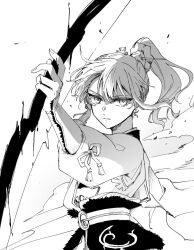 Rule 34 | 1girl, armor, bow (weapon), fate/grand order, fate/samurai remnant, fate (series), firing at viewer, greyscale, hair ornament, hair stick, high ponytail, holding, holding bow (weapon), holding weapon, japanese armor, japanese clothes, kote, lone nape hair, long sleeves, mo (aabx315), monochrome, puffy sleeves, short hair, smoke, solo, upper body, weapon, yui shousetsu (fate)