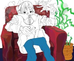 Rule 34 | 1girl, armchair, between fingers, blue pants, buttons, chair, cigarette, collared shirt, commentary request, e eel, feet out of frame, hand up, holding, holding cigarette, indoors, jitome, layered clothes, long fingers, long sleeves, looking at viewer, open mouth, original, oversized clothes, pants, partially colored, plant, pointing, pointing at self, potted plant, raised eyebrows, reclining, shirt, smoke, smoking, solo