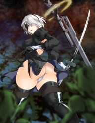Rule 34 | 1girl, 2b (nier:automata), ass, breasts, colored skin, crossover, gloves, goblin, goblin slayer!, green skin, highres, huge ass, large breasts, looking back, m.i.y, mask, monster, multiple boys, nier:automata, nier (series), shiny skin, short hair, solo focus, square enix, sword, thick thighs, thighs, upskirt, weapon, white hair, wide hips