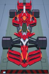 Rule 34 | absurdres, artist logo, car, commentary, english commentary, eva 02, formula one, formula racer, from above, highres, motor vehicle, neon genesis evangelion, no humans, race vehicle, racecar, seat, solo, spoiler (automobile), vehicalization, vehicle focus, walter kim, wheel