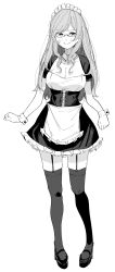 Rule 34 | 1girl, absurdres, apron, breasts, cleavage, commentary request, detached collar, dress, frills, full body, garter straps, glasses, greyscale, highres, large breasts, maid, maid apron, maid headdress, monochrome, original, short dress, smile, solo, thighhighs, uraya nagi, waist apron, wrist cuffs