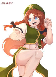 Rule 34 | abs, beret, black bow, blue eyes, bow, braid, chinese clothes, fighting stance, green hat, green vest, hat, highres, hong meiling, kappce, leg up, long hair, midriff, navel, open mouth, parted bangs, red hair, shirt, short sleeves, signature, simple background, solo, star (symbol), thighs, touhou, twin braids, vest, white background, white shirt