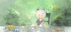 Rule 34 | 1girl, :t, animal ears, bad drawr id, bad id, black shirt, blurry, bokeh, cat ears, chair, closed mouth, cup, depth of field, drink, drinking glass, eating, expressionless, food, forest, hair ornament, holding, light particles, meal, nature, nonica, oekaki, original, outdoors, plate, scenery, shirt, short hair, short sleeves, solo, sunlight, swept bangs, t-shirt, table, upper body, white hair, x hair ornament