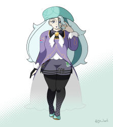 Rule 34 | 1girl, alternate costume, black pantyhose, closed mouth, collared shirt, commentary, creatures (company), eyelashes, full body, game freak, gloves, go-lurk, green footwear, green hair, green hat, grey eyes, grey shorts, hand up, hat, jewelry, knees, lipstick, long hair, long sleeves, makeup, mature female, melony (pokemon), multicolored hair, nintendo, pantyhose, partially fingerless gloves, pokemon, pokemon swsh, ring, shirt, shoes, shorts, single glove, solo, standing, streaked hair, twitter username, two-tone hair