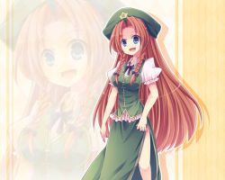 Rule 34 | 1girl, blue eyes, braid, china dress, chinese clothes, dress, fang, female focus, hat, hong meiling, kurosu rino, long hair, red hair, solo, embodiment of scarlet devil, touhou, twin braids, zoom layer