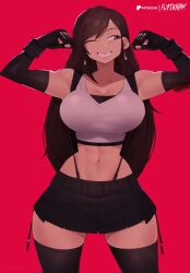 Rule 34 | 1girl, abs, breasts, brown hair, cleavage, elbow gloves, final fantasy, final fantasy vii, flexing, flytrapxx, gloves, highres, large breasts, long hair, one eye closed, patreon username, red background, red eyes, signature, skirt, smile, solo, tank top, teeth, thighhighs, thong, tifa lockhart, toned