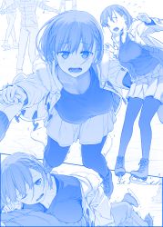Rule 34 | ai-chan (tawawa), blue theme, breasts, cleavage, comic, commentary, cross-laced footwear, flying sweatdrops, fur trim, getsuyoubi no tawawa, himura kiseki, holding hands, ice skates, jacket, large breasts, leaning forward, lying, lying on person, monochrome, multiple views, on back, on stomach, open clothes, open jacket, open mouth, pantyhose, pleated skirt, short hair, silent comic, skates, skirt, solo focus
