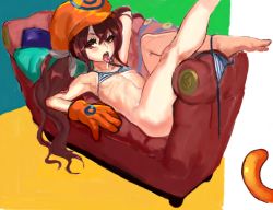 Rule 34 | 1girl, bad id, bad pixiv id, barefoot, bikini, breasts, brown hair, couch, feet, gloves, hat, long hair, looking at viewer, lying, navel, on back, open mouth, orange gloves, original, red eyes, small breasts, solo, striped bikini, striped clothes, suisogenshi, swimsuit, teeth, tongue, tongue out, twintails, very long hair