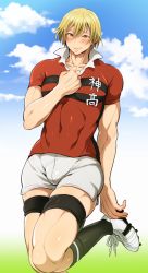 Rule 34 | 1boy, all out!!, blonde hair, blush, crotch, highres, iwashimizu sumiaki, male focus, muscular, outdoors, smile, solo, sport wear, tagme, tokimachi eisei