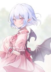 Rule 34 | 1girl, bat wings, blue hair, commentary request, from side, hat, highres, holding, holding clothes, holding hat, kurage cc, looking at viewer, pink eyes, pink shirt, pink skirt, pointy ears, red eyes, remilia scarlet, shirt, short hair, short sleeves, sidelocks, skirt, solo, touhou, unworn hat, unworn headwear, wings