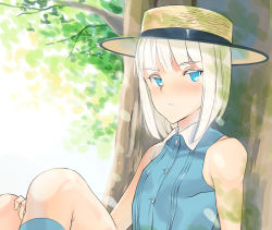Rule 34 | 1boy, androgynous, blonde hair, blue eyes, boater hat, coin rand, hat, looking at viewer, male focus, open mouth, original, sitting, sleeveless, solo, trap, tree
