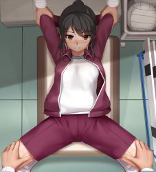 Rule 34 | 1girl, 2boys, arms up, ball, black hair, blush, brown eyes, clenched teeth, eto, from above, gym storeroom, gym uniform, indoors, jacket, lying, mole, mole under eye, multiple boys, on back, open clothes, open jacket, original, restrained, short hair, short ponytail, shorts, spread legs, teeth, track jacket, wide spread legs