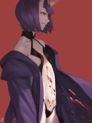 Rule 34 | 1girl, amino (tn7135), bare shoulders, blood, blood splatter, breasts, cowboy shot, detached sleeves, fate/grand order, fate (series), from side, halterneck, horns, licking lips, long sleeves, profile, purple eyes, purple hair, red background, revealing clothes, short eyebrows, short hair, shuten douji (fate), shuten douji (first ascension) (fate), skin-covered horns, small breasts, solo, tongue, tongue out, wide sleeves