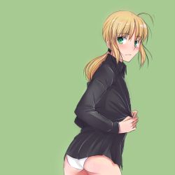 Rule 34 | 1girl, ahoge, artoria pendragon (all), artoria pendragon (fate), ass, blonde hair, blush, dress shirt, fate/zero, fate (series), from behind, green background, green eyes, long hair, looking back, panties, ponytail, saber (fate), shirt, simple background, solo, tusia, underwear, undressing, white panties