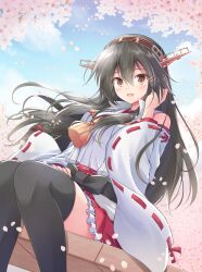 Rule 34 | 1girl, bench, black hair, boots, brown eyes, cherry blossoms, commission, detached sleeves, dutch angle, feet out of frame, frilled skirt, frills, hair ornament, hairband, hairclip, haruna (kancolle), haruna kai ni (kancolle), headgear, highres, japanese clothes, kantai collection, long hair, nontraditional miko, popped collar, red skirt, ribbon-trimmed sleeves, ribbon trim, shizuna kaede, sitting, skeb commission, skirt, solo, thigh boots, thighhighs