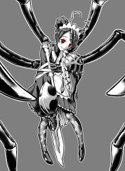Rule 34 | 1girl, antennae, apron, arthropod girl, arthropod limbs, closed mouth, commentary, double bun, english commentary, entoma vasilissa zeta, extra legs, extra pupils, fangs, full body, grey background, greyscale, hair bun, hand on own face, highres, holding, holding shield, holding sword, holding weapon, japanese clothes, kimono, looking at viewer, maid, maid headdress, mary janes, monochrome, monster girl, ofuda, ofuda on clothes, overlord (maruyama), qtini, red eyes, screentones, shield, shoes, short hair, signature, simple background, skin fangs, sleeves past wrists, solo, sword, weapon, wide sleeves