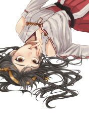 Rule 34 | 1girl, black hair, brown eyes, commentary request, detached sleeves, gold hairband, hagioshi, hairband, haruna (kancolle), headgear, japanese clothes, kantai collection, long hair, nontraditional miko, pleated skirt, red skirt, ribbon-trimmed sleeves, ribbon trim, simple background, skirt, solo, upper body, white background