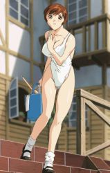 Rule 34 | 1girl, animated, animated gif, brown eyes, brown hair, bucket, official art, one-piece swimsuit, outdoors, short hair, solo, standing, super real mahjong, swimsuit, toyohara etsuko
