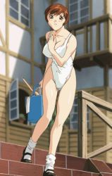 1girl animated animated_gif brown_eyes brown_hair bucket female_focus official_art one-piece_swimsuit outdoors short_hair solo standing super_real_mahjong swimsuit toyohara_etsuko