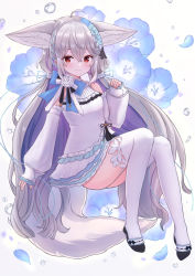 Rule 34 | 1girl, ahoge, animal ear fluff, animal ears, asymmetrical legwear, black footwear, blush, commentary request, commission, commissioner upload, detached sleeves, dress, ears down, flower, fox ears, fox girl, fox tail, frilled dress, frilled thighhighs, frills, highres, long hair, long sleeves, looking at viewer, mismatched legwear, original, puffy long sleeves, puffy sleeves, red eyes, sakurada shiro (hy plus), sakuraume, skeb commission, sleeves past wrists, solo, tail, thighhighs, very long hair, white background, white dress, white flower, white hair, white thighhighs