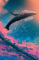 Rule 34 | abisswalker8, absurdres, animal focus, cloud, commentary, halo, highres, no humans, original, outdoors, pink clouds, scenery, sky, star (sky), starry sky, whale