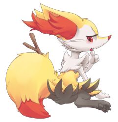 Rule 34 | 1girl, animal ear fluff, animal ears, animal feet, animal hands, animal nose, back, black fur, blush, body fur, braixen, breasts, claws, creatures (company), fang, female focus, fox ears, fox girl, fox tail, from behind, full body, furry, furry female, game freak, gen 6 pokemon, half-closed eyes, hand to own mouth, hand up, highres, looking back, looking down, multicolored fur, neck fur, nintendo, open mouth, pawpads, pokemon, pokemon (creature), red eyes, sitting, small breasts, snout, solo, stick, stoic5, tail, tongue, wariza, white fur, yellow fur