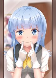 Rule 34 | 1girl, blue eyes, blue hair, blurry, commentary request, depth of field, dress shirt, gloves, grey vest, hatsukaze (kancolle), index fingers raised, kantai collection, looking at mirror, looking at viewer, mirror, neckerchief, piyobomu, reflection, shirt, smile, solo, upper body, vest, white gloves, white hair, white shirt, yellow neckerchief, yukikaze (kancolle)