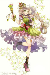Rule 34 | 1girl, aiha-deko, ankle boots, berry, blonde hair, boots, bow, braid, crown, dress, flower, food, food-themed clothes, food-themed ornament, fork, frilled dress, frills, fruit, full body, gem, green eyes, high heels, highres, lace, leaf, long hair, mini crown, nail polish, original, painting (medium), personification, pink footwear, pocketland, raspberry, red bow, rose, shoes, short sleeves, smile, socks, standing, standing on one leg, striped clothes, striped legwear, striped socks, thorns, traditional media, watercolor (medium), whipped cream, white hair, wrist cuffs